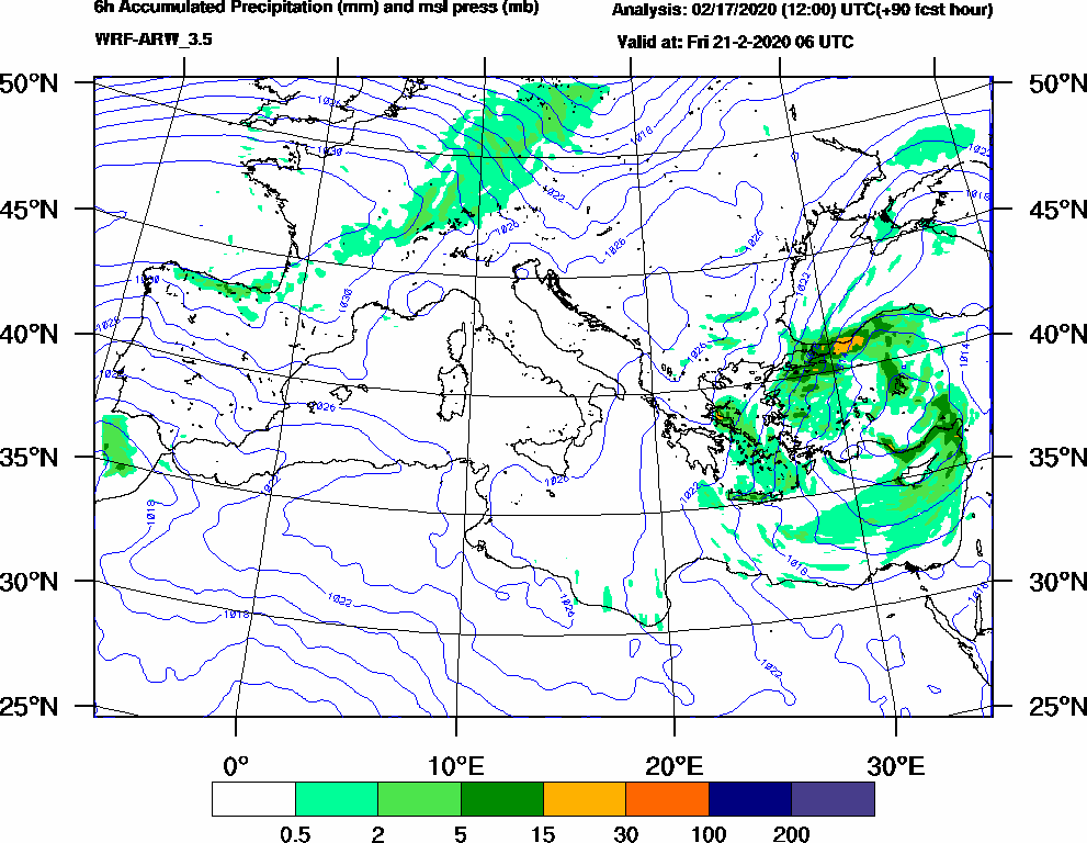 6h Accumulated Precipitation (mm) and msl press (mb) - 2020-02-21 00:00