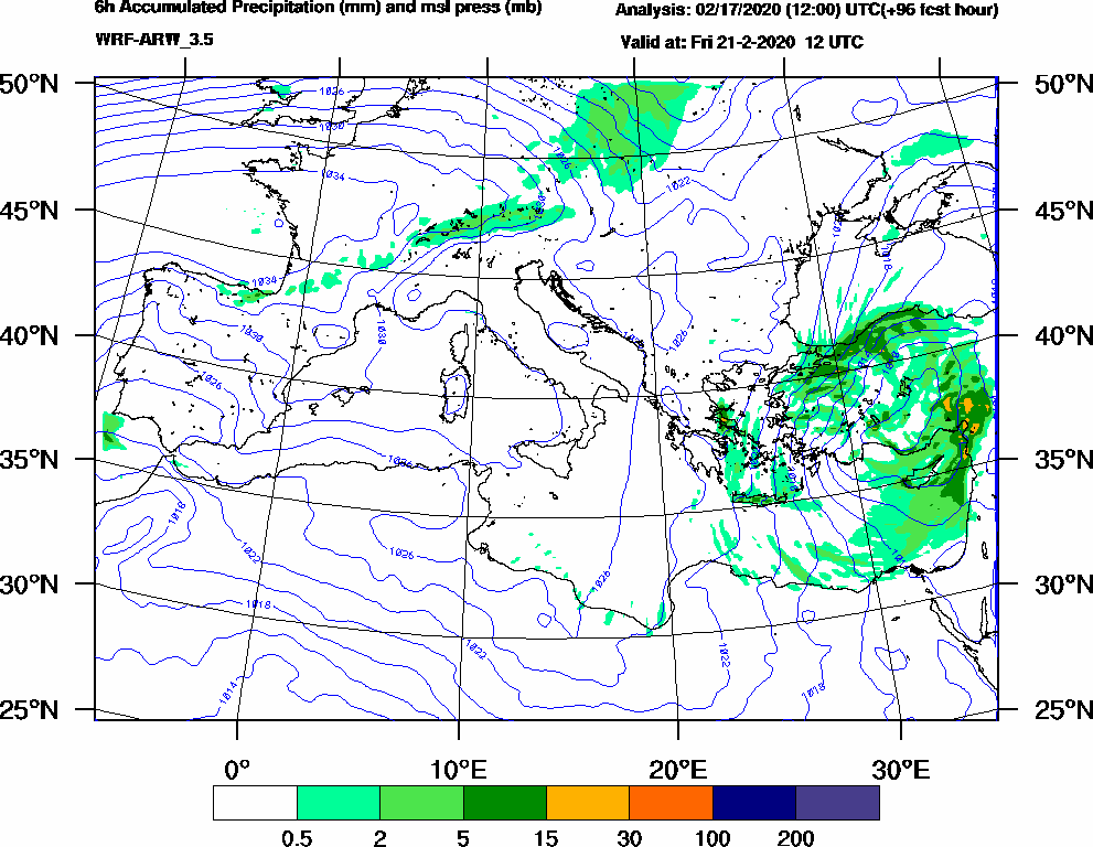 6h Accumulated Precipitation (mm) and msl press (mb) - 2020-02-21 06:00