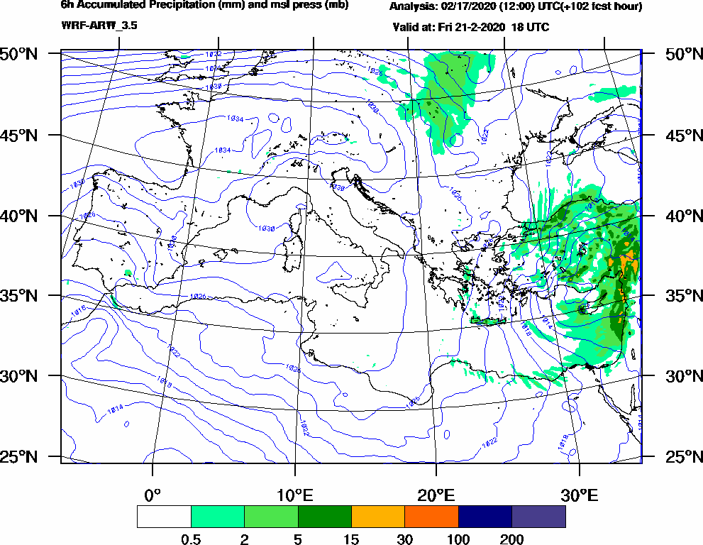 6h Accumulated Precipitation (mm) and msl press (mb) - 2020-02-21 12:00