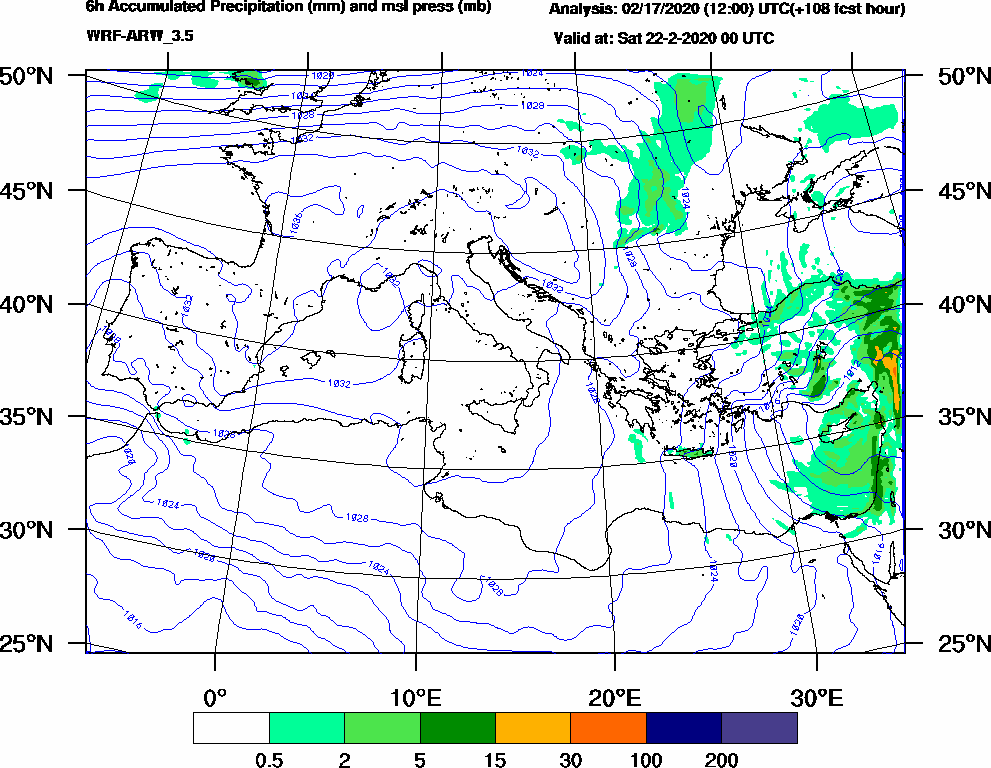 6h Accumulated Precipitation (mm) and msl press (mb) - 2020-02-21 18:00