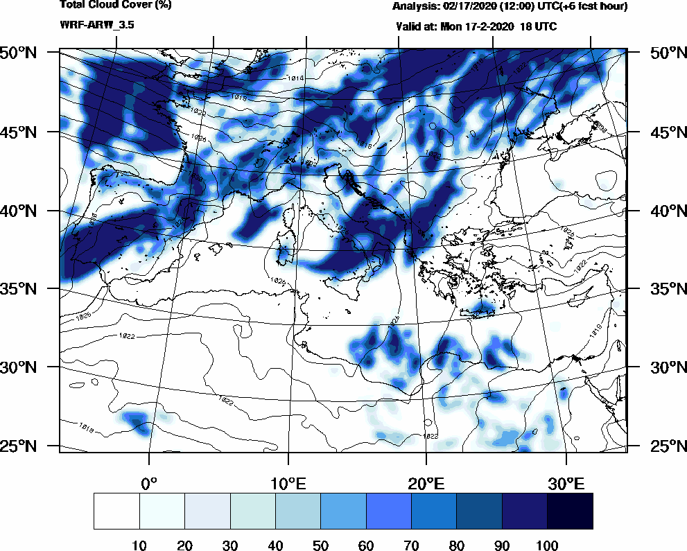 Total cloud cover (%) - 2020-02-17 12:00