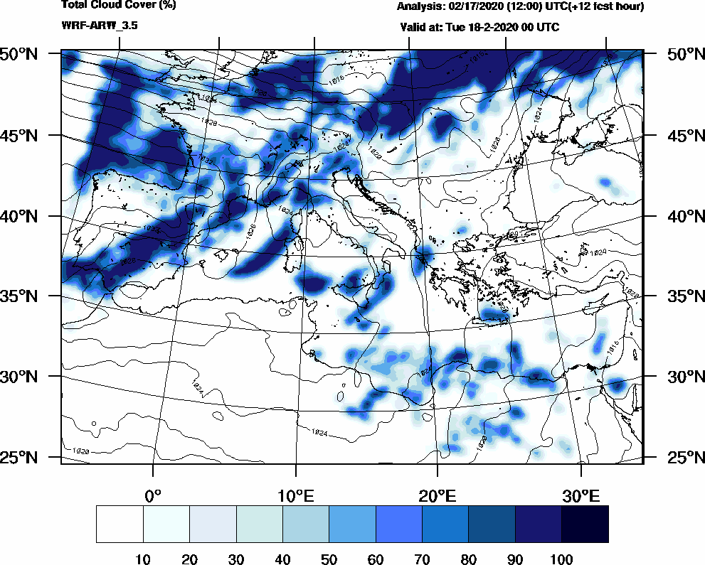 Total cloud cover (%) - 2020-02-17 18:00