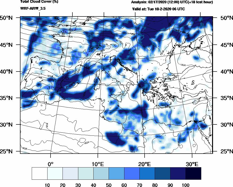 Total cloud cover (%) - 2020-02-18 00:00