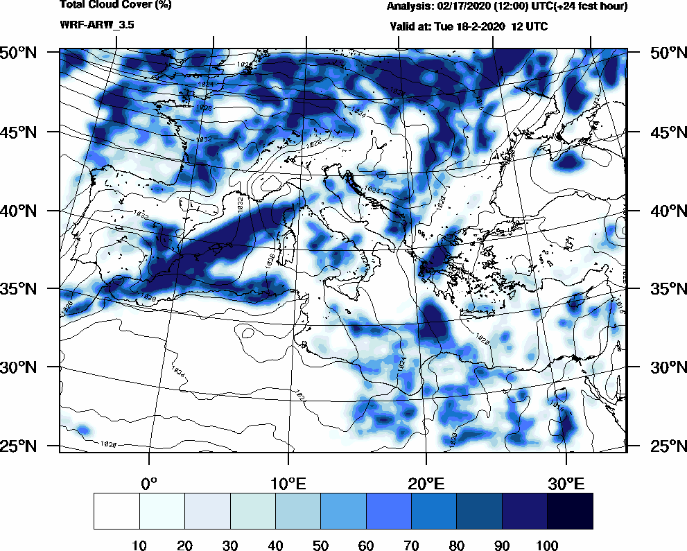 Total cloud cover (%) - 2020-02-18 06:00