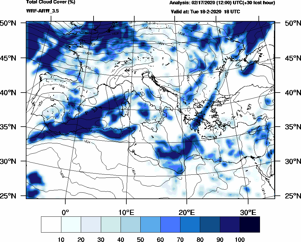 Total cloud cover (%) - 2020-02-18 12:00