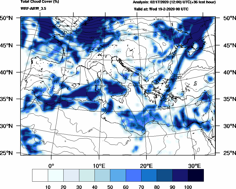 Total cloud cover (%) - 2020-02-18 18:00