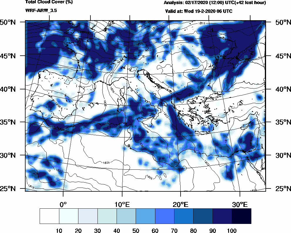 Total cloud cover (%) - 2020-02-19 00:00