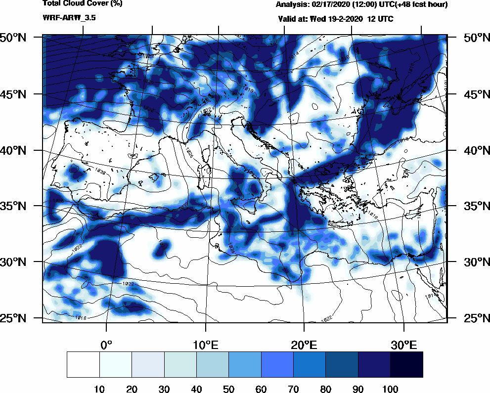 Total cloud cover (%) - 2020-02-19 06:00