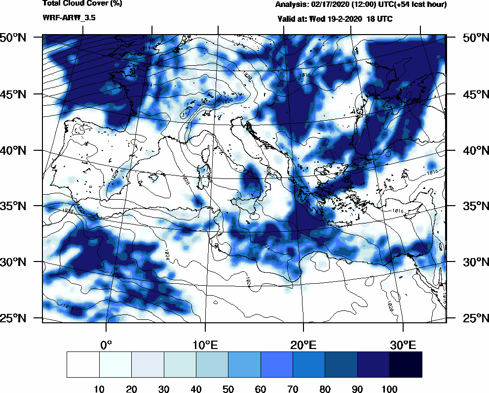 Total cloud cover (%) - 2020-02-19 12:00