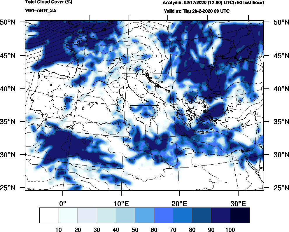 Total cloud cover (%) - 2020-02-19 18:00