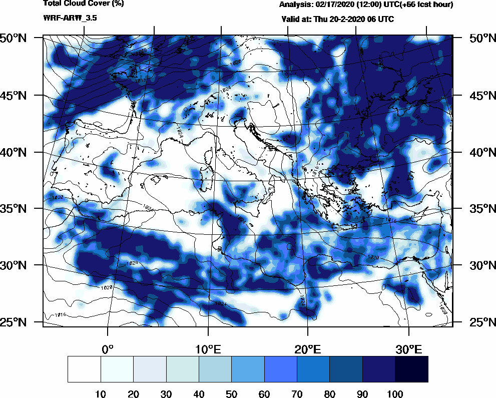 Total cloud cover (%) - 2020-02-20 00:00