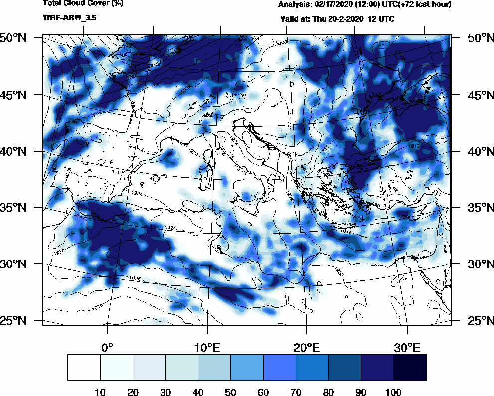Total cloud cover (%) - 2020-02-20 06:00