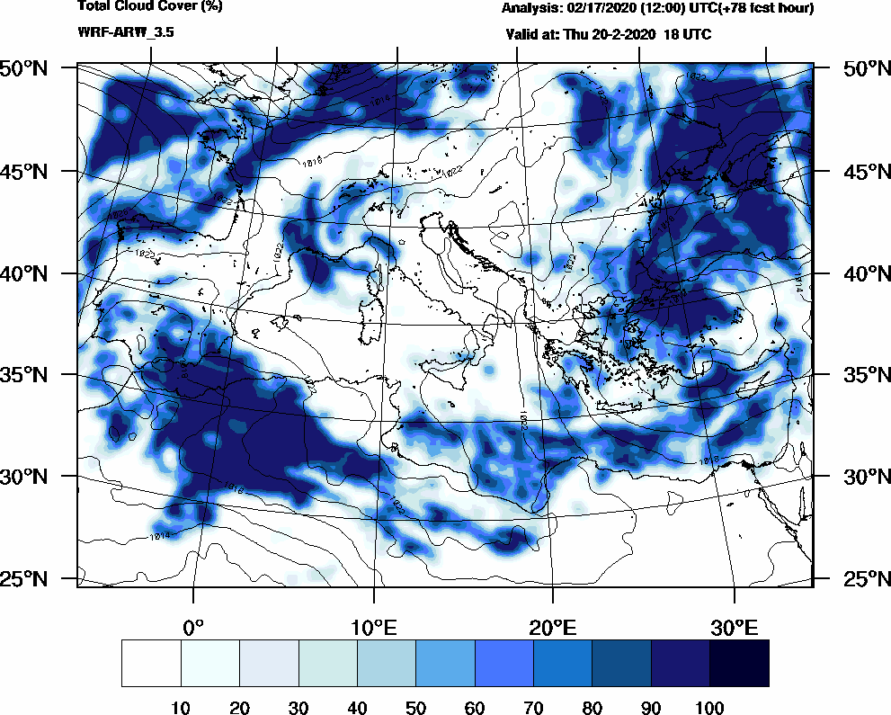 Total cloud cover (%) - 2020-02-20 12:00