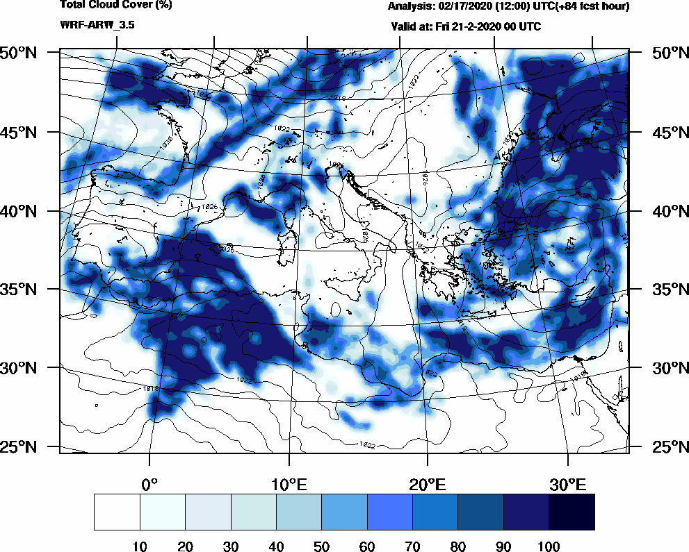 Total cloud cover (%) - 2020-02-20 18:00