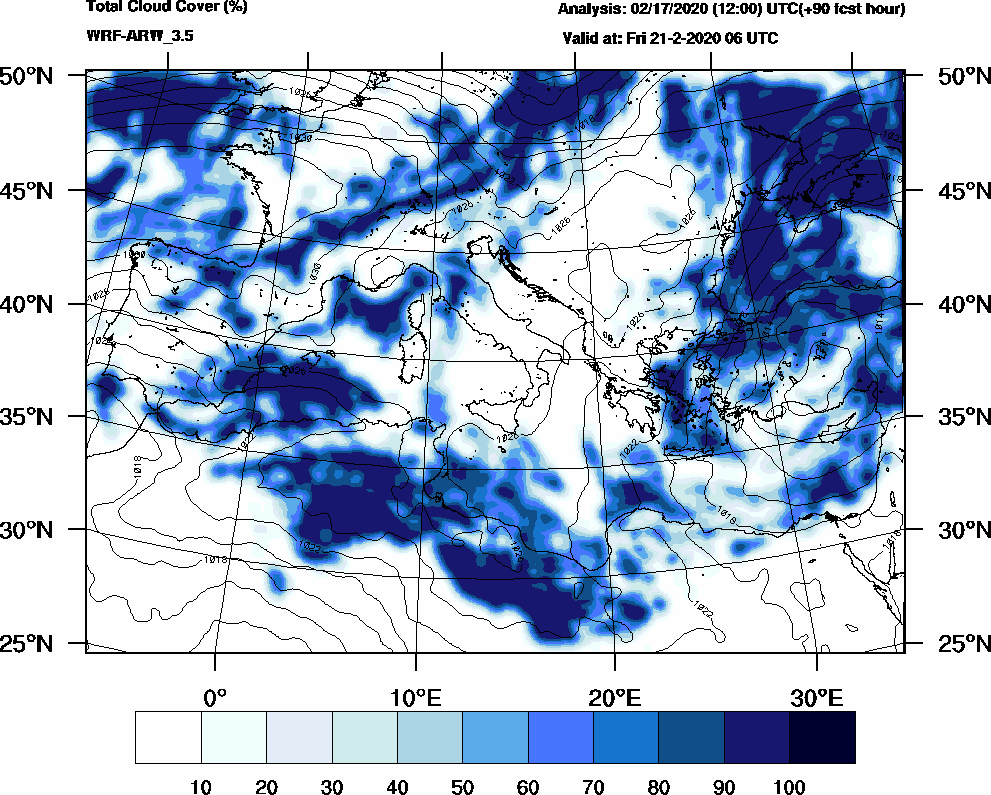 Total cloud cover (%) - 2020-02-21 00:00