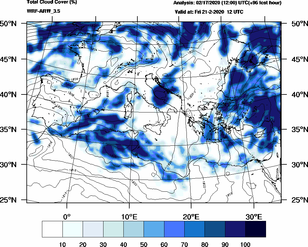 Total cloud cover (%) - 2020-02-21 06:00