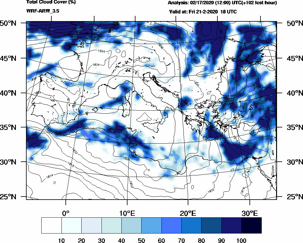 Total cloud cover (%) - 2020-02-21 12:00