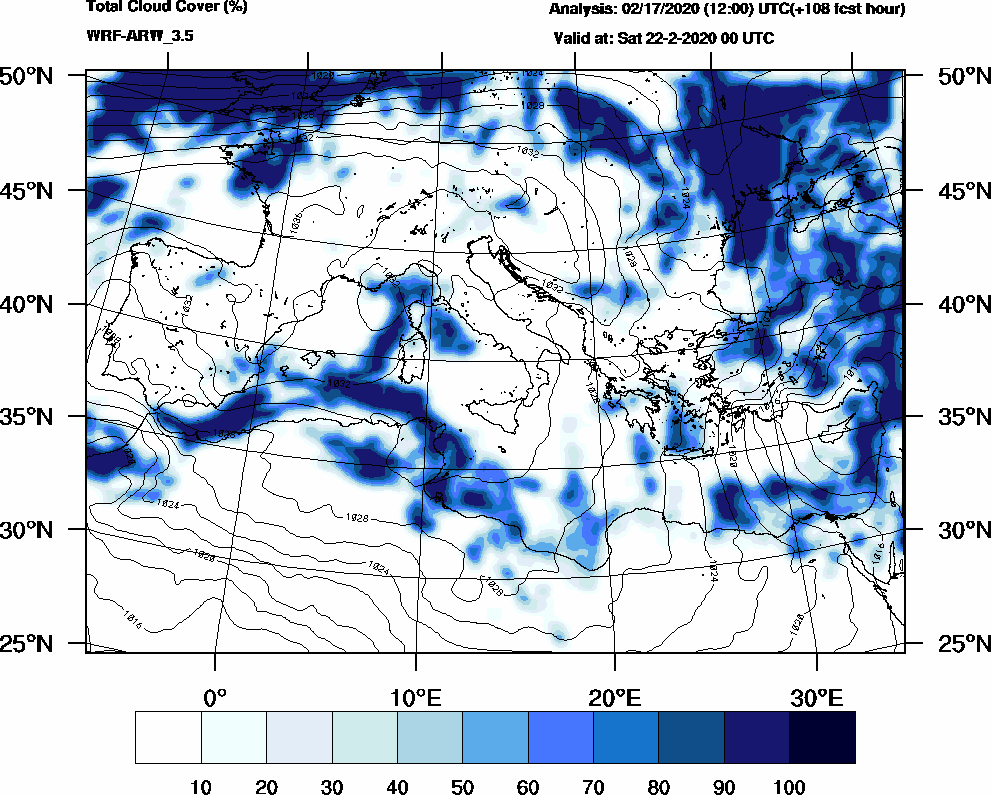 Total cloud cover (%) - 2020-02-21 18:00