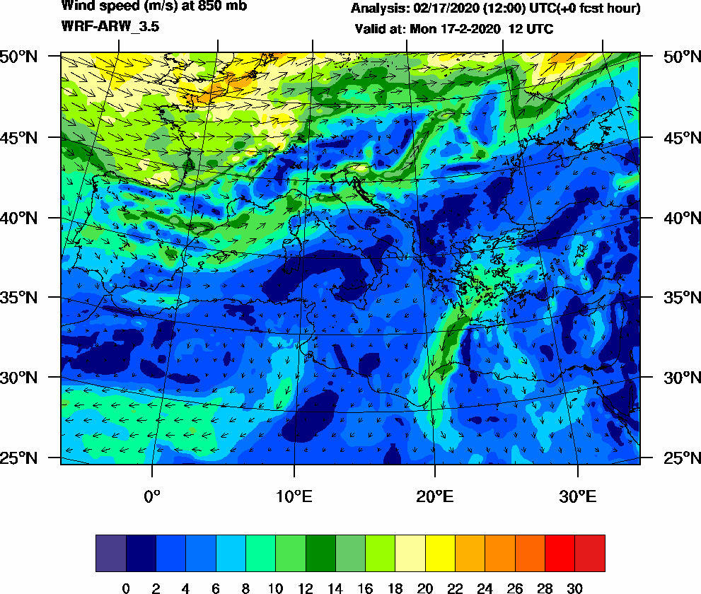 Wind speed (m/s) at 850 mb - 2020-02-17 12:00