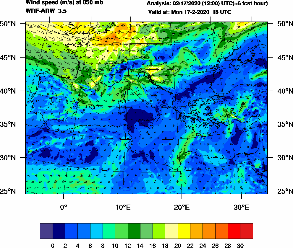 Wind speed (m/s) at 850 mb - 2020-02-17 18:00