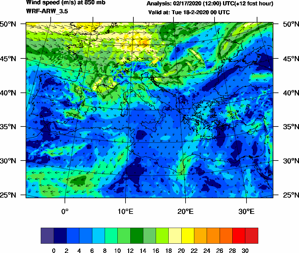 Wind speed (m/s) at 850 mb - 2020-02-18 00:00