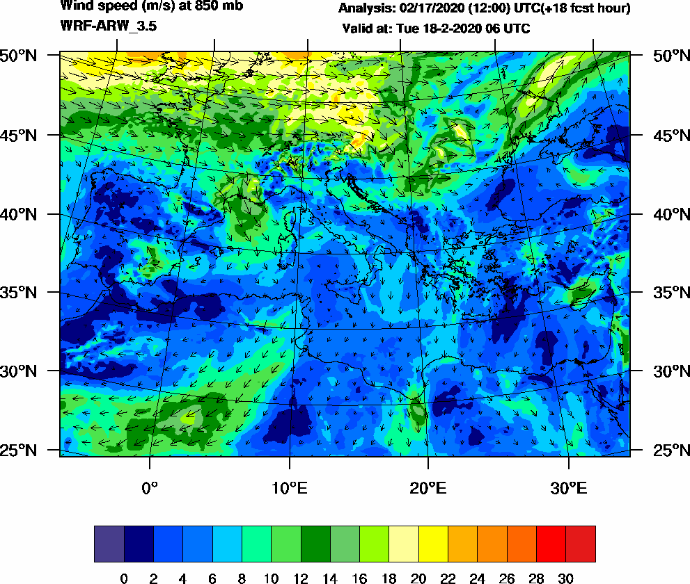 Wind speed (m/s) at 850 mb - 2020-02-18 06:00