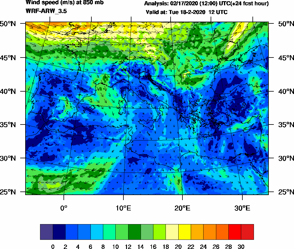 Wind speed (m/s) at 850 mb - 2020-02-18 12:00