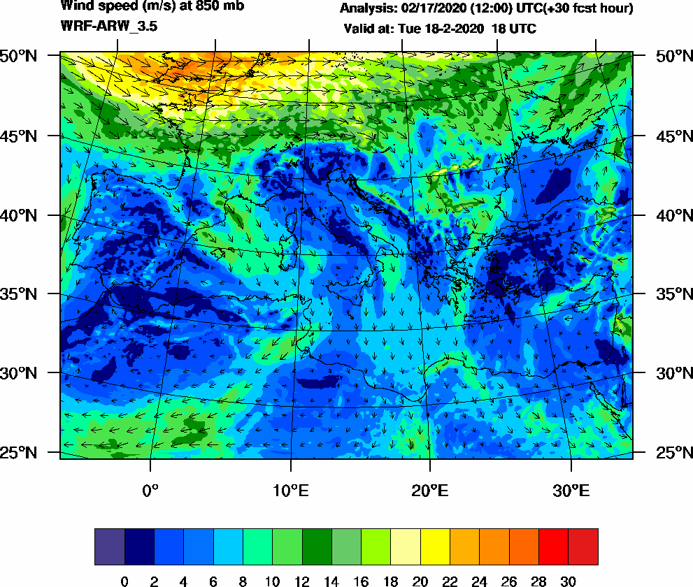 Wind speed (m/s) at 850 mb - 2020-02-18 18:00