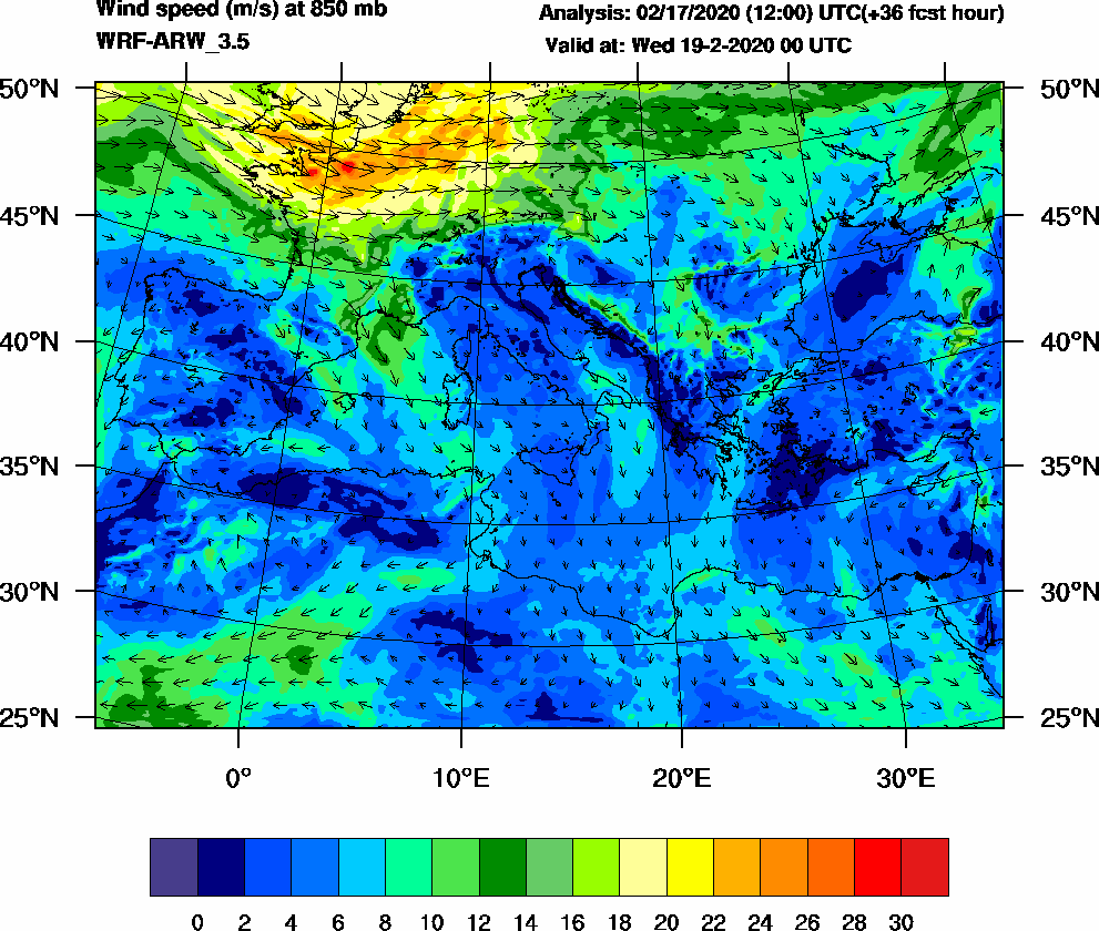 Wind speed (m/s) at 850 mb - 2020-02-19 00:00