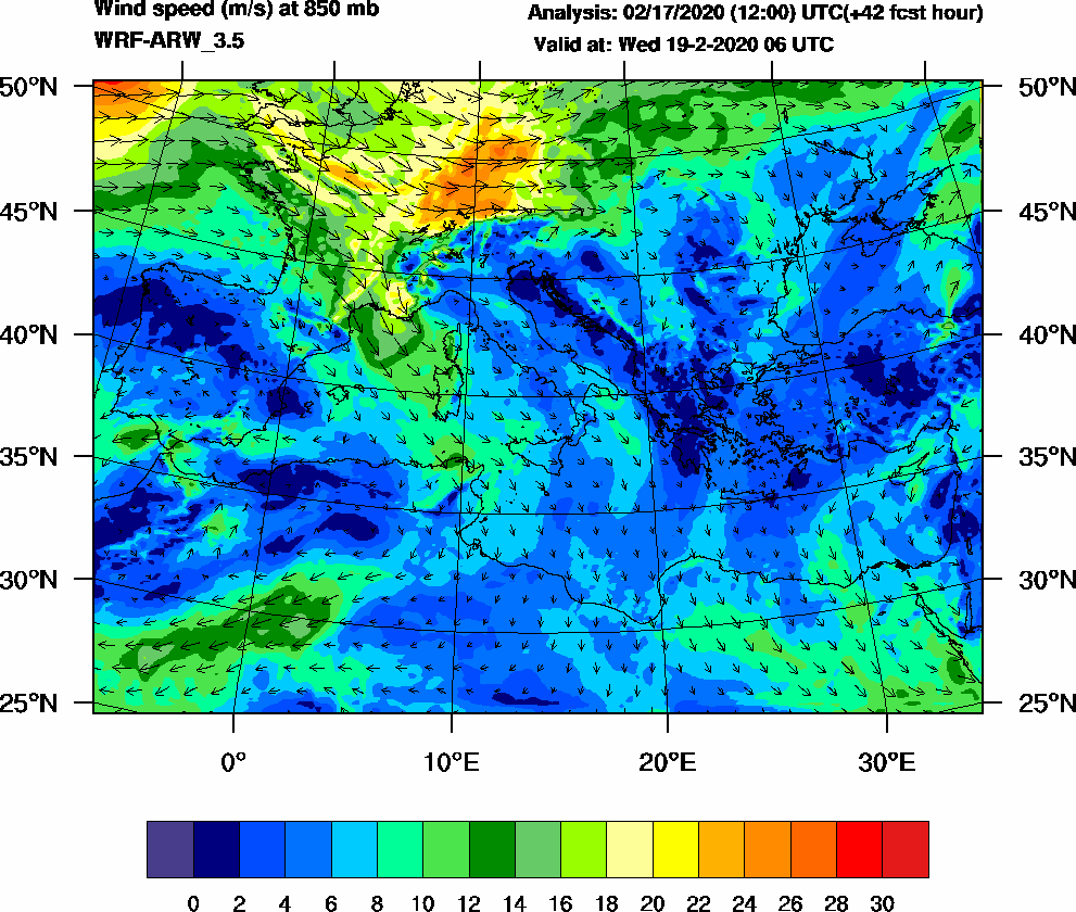 Wind speed (m/s) at 850 mb - 2020-02-19 06:00