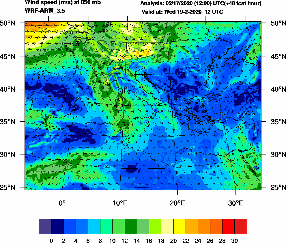 Wind speed (m/s) at 850 mb - 2020-02-19 12:00