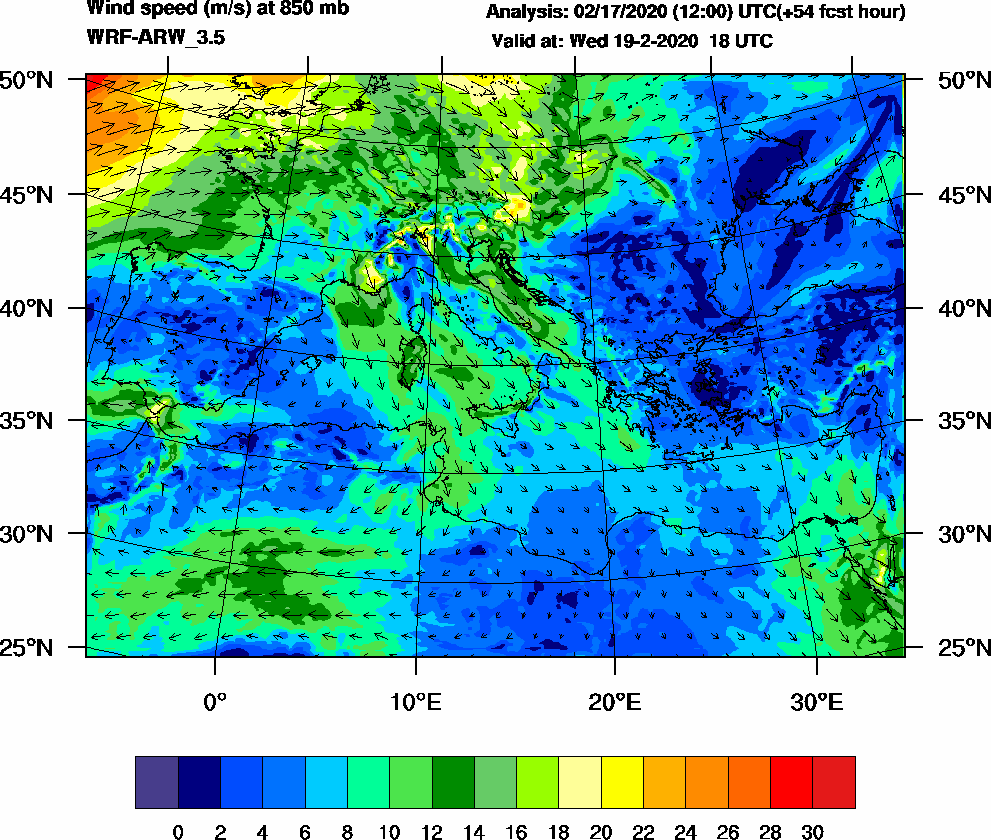 Wind speed (m/s) at 850 mb - 2020-02-19 18:00