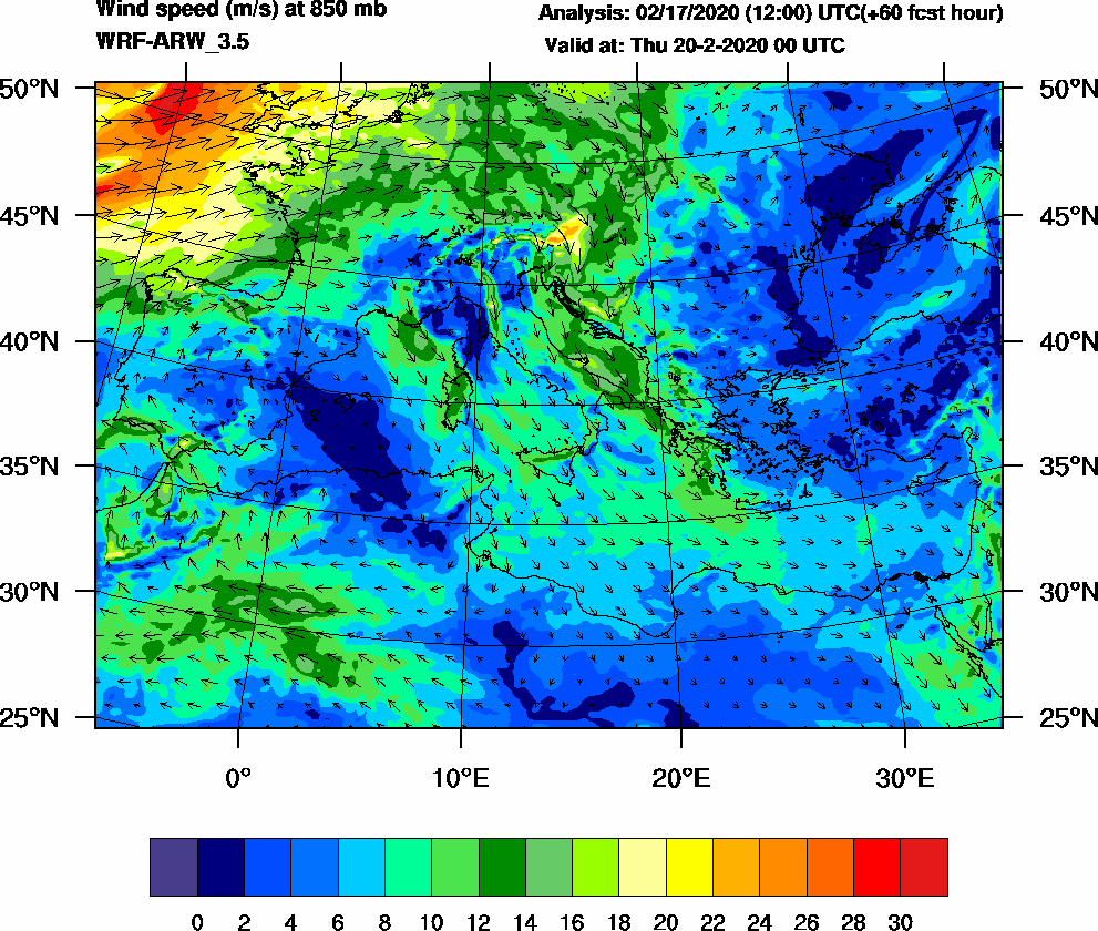 Wind speed (m/s) at 850 mb - 2020-02-20 00:00