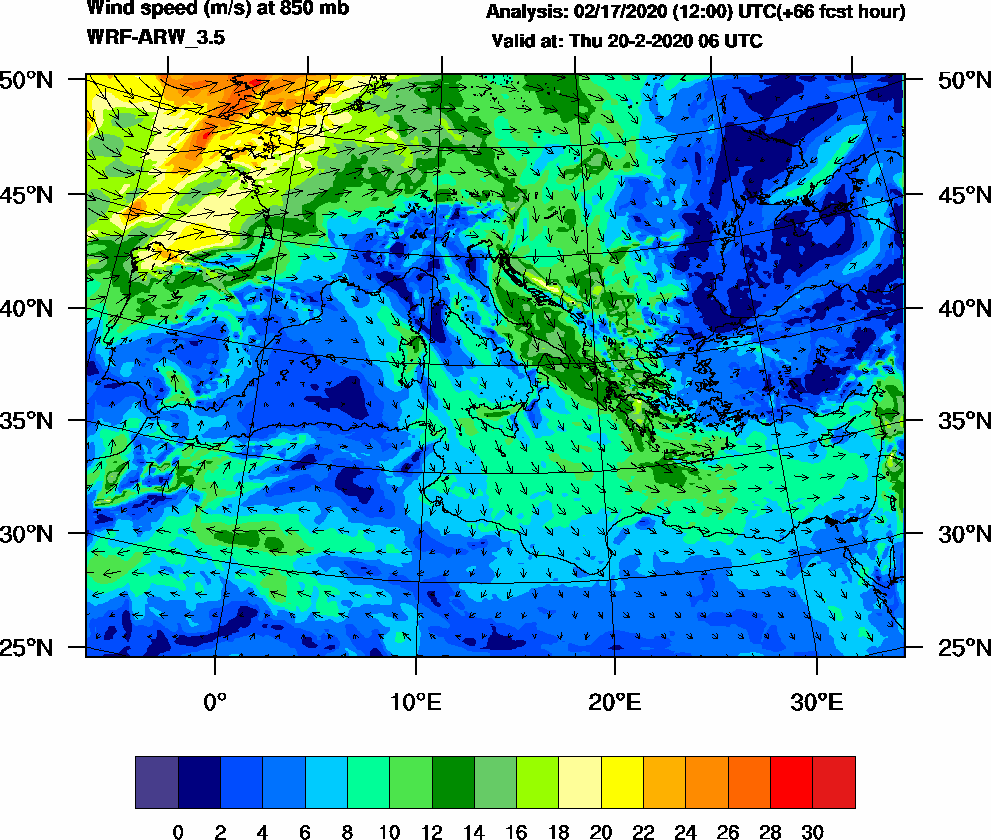 Wind speed (m/s) at 850 mb - 2020-02-20 06:00