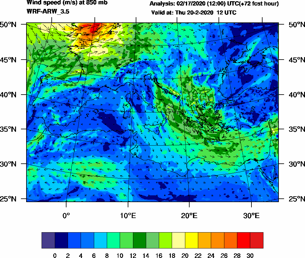 Wind speed (m/s) at 850 mb - 2020-02-20 12:00