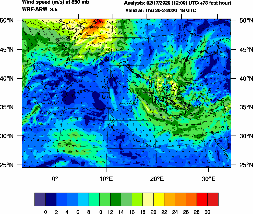 Wind speed (m/s) at 850 mb - 2020-02-20 18:00