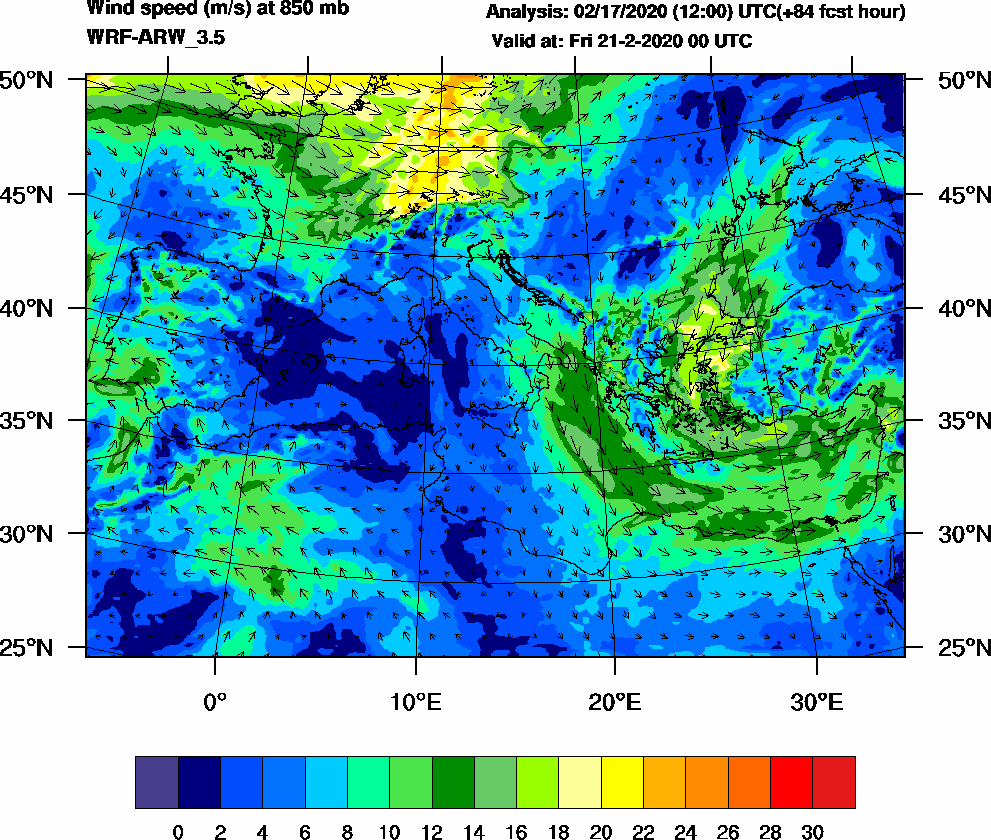 Wind speed (m/s) at 850 mb - 2020-02-21 00:00