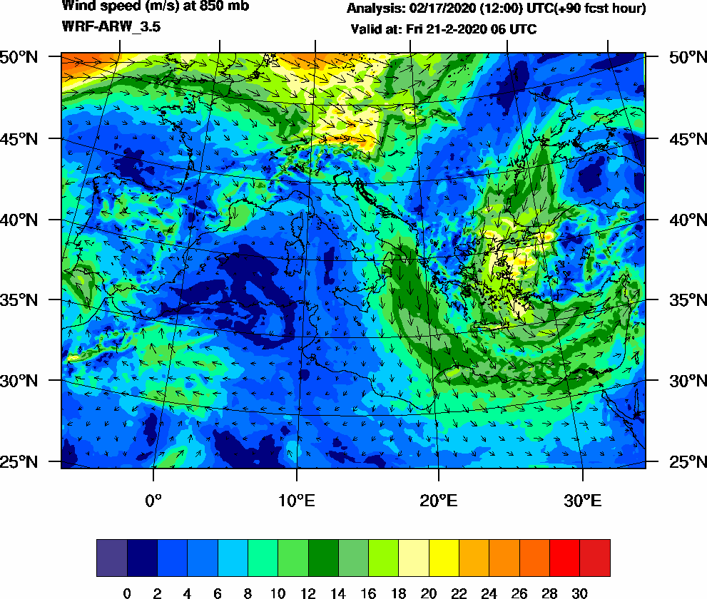 Wind speed (m/s) at 850 mb - 2020-02-21 06:00