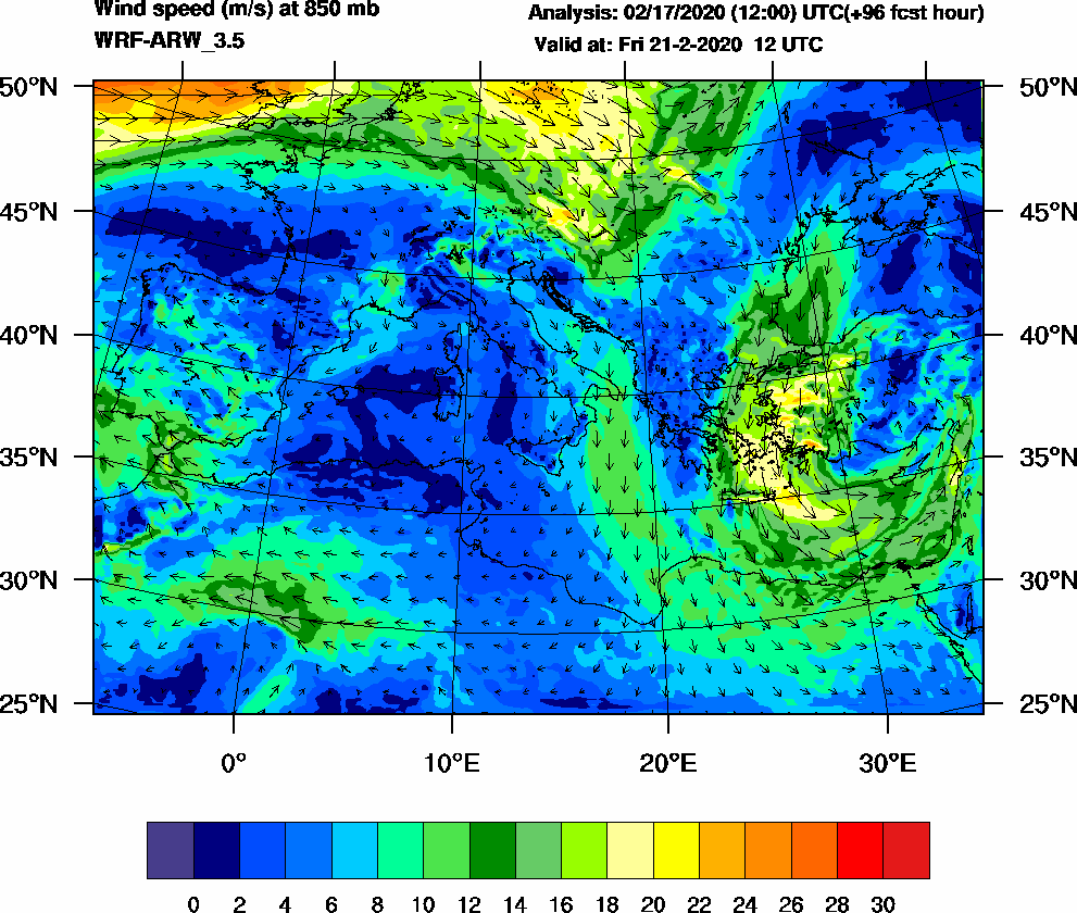 Wind speed (m/s) at 850 mb - 2020-02-21 12:00