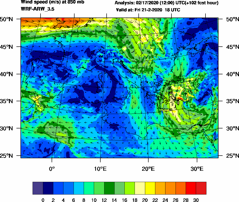 Wind speed (m/s) at 850 mb - 2020-02-21 18:00