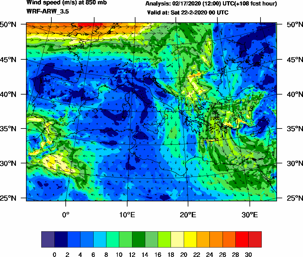 Wind speed (m/s) at 850 mb - 2020-02-22 00:00