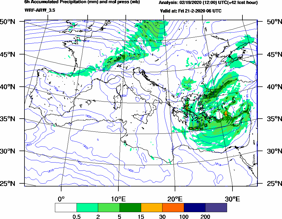 6h Accumulated Precipitation (mm) and msl press (mb) - 2020-02-21 00:00