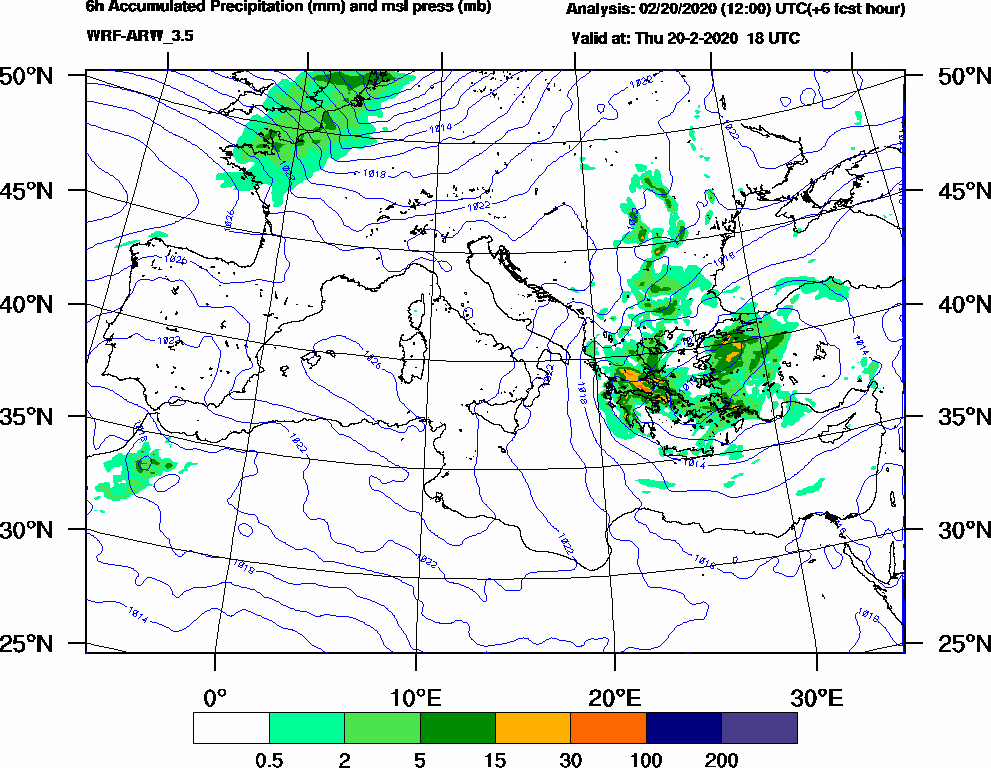6h Accumulated Precipitation (mm) and msl press (mb) - 2020-02-20 12:00