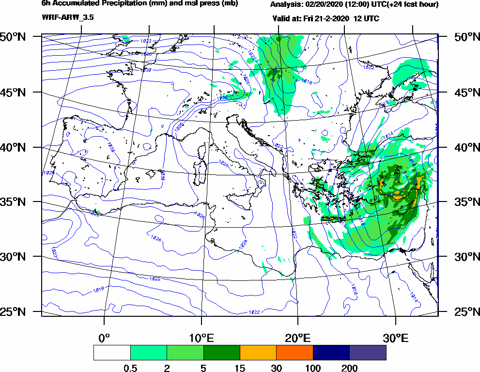 6h Accumulated Precipitation (mm) and msl press (mb) - 2020-02-21 06:00