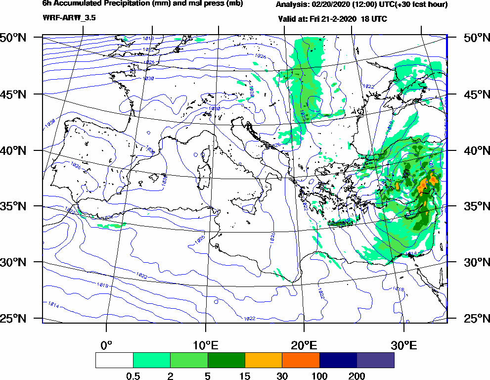 6h Accumulated Precipitation (mm) and msl press (mb) - 2020-02-21 12:00