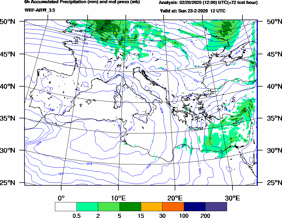 6h Accumulated Precipitation (mm) and msl press (mb) - 2020-02-23 06:00