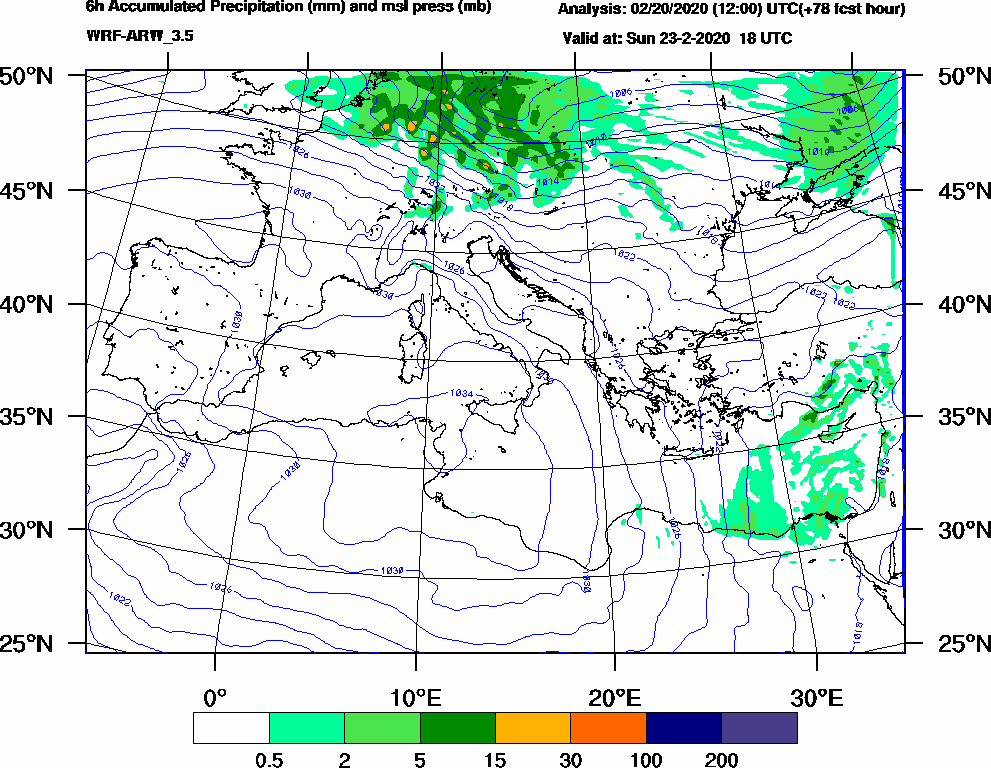 6h Accumulated Precipitation (mm) and msl press (mb) - 2020-02-23 12:00