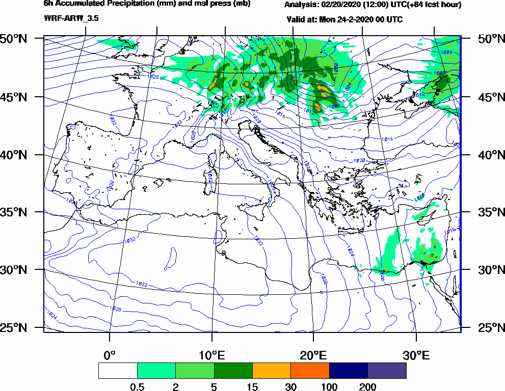 6h Accumulated Precipitation (mm) and msl press (mb) - 2020-02-23 18:00