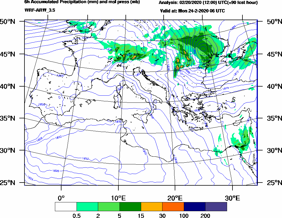 6h Accumulated Precipitation (mm) and msl press (mb) - 2020-02-24 00:00