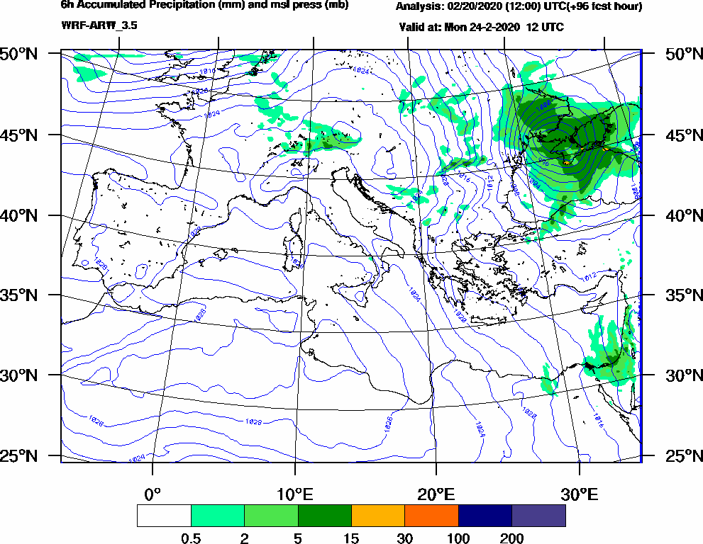 6h Accumulated Precipitation (mm) and msl press (mb) - 2020-02-24 06:00